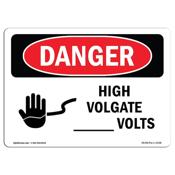 Safety Sign, OSHA Danger, 3.5" Height, 5" Width, Volts, Landscape, 10PK